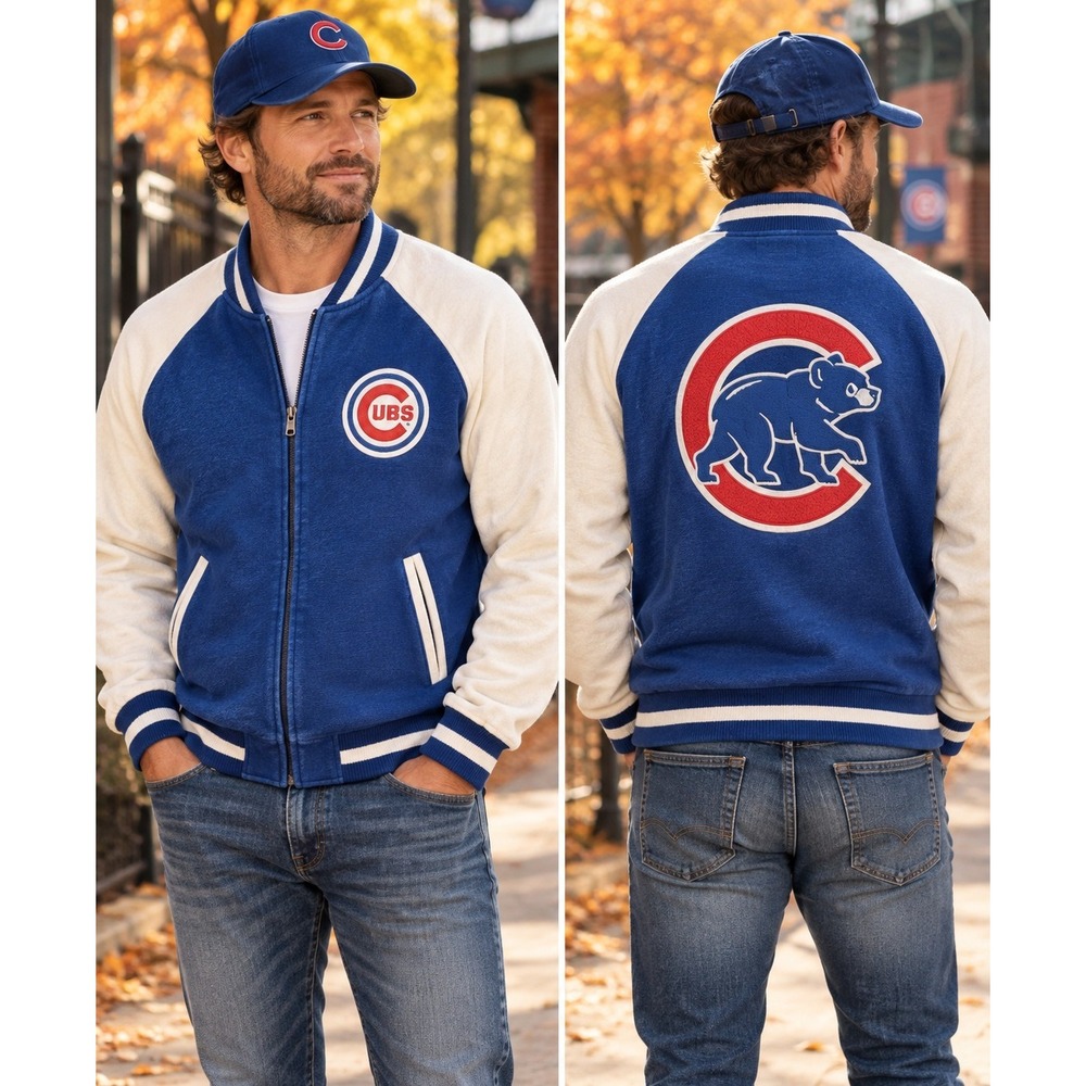 Majestic Chicago Cubs Jacket Mens XL MLB Full Zip Varsity Blue White Bear Logo